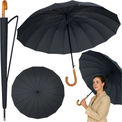 Didelis automatinis skėtis su medine rankena, 24 stipinai, 115 cm, juodas