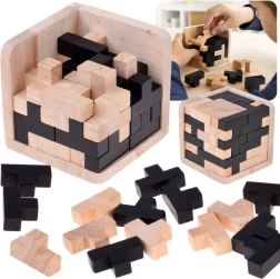 Medinė 3D loginė Tetris kaladėlė (kubas) juoda–natūrali