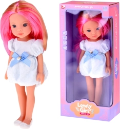 Doll with long pink-blonde hair in a white dress with a blue bow 33 cm