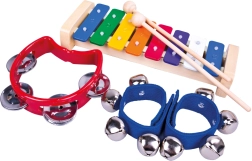 BINO rinkinys: 3 muzikos instrumentai vaikams (ksilofonas, tambūrinas, varpeliai)