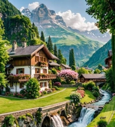 Deimantinė mozaika Namas Šveicarijos kalnuose 30x40 cm