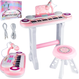 Vaikiškas elektroninis pianinas su mikrofonu ir taburete, rožinis, MP3/USB
