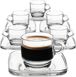 Stikliniai espresso puodeliai su kvadratinėmis lėkštutėmis 75 ml, 6 vnt. rinkinys
