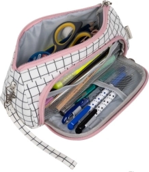 Maaleo large school pencil case in white grid, fold-out and double-compartment