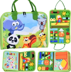 Tekstilinė Montessori lavinamoji knygelė su gyvūnais ir laikrodžiu