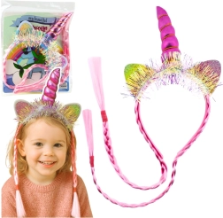 Pink unicorn headband with horn, ears and braids