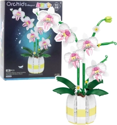 Konstruktoriaus kaladėlės „Orchidėja“ vazone, rožinė–balta