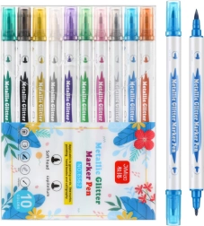 Metalinių dvipusių blizgučių flomasterių rinkinys, 10 vnt.