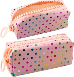 School Pencil Case Large Pink Polka Dots with Big Zipper