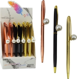 Metal twist-action ballpoint pen with pearl accent, blue ink, 1.0 mm