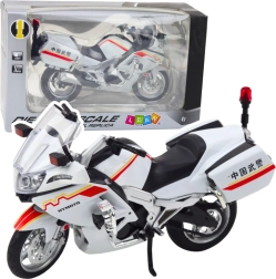 Metalinė 1:12 mastelio motociklo miniatiūra su šviesomis ir garsais – balta su raudonai‑geltonais elementais
