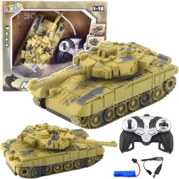RC tankas T-90 1:18 su besisukančiu bokšteliu, šviesomis ir garsais – dykumos kamufliažas