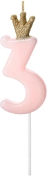 Rožinė torto žvakutė su karūna, skaičiaus 3 formos