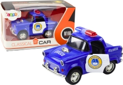 Klasikinis mėlynas policijos automobilis su frikcine pavara, šviesomis ir garsais 1:38