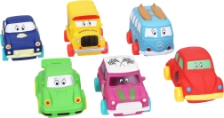 Minkštas plastikinis automobiliukas 9 cm su laisvai riedančiais ratais