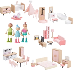 Medinių baldų rinkinys lėlių nameliui su šeima 5 viename