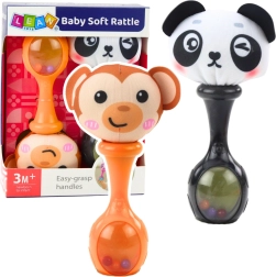 Sensorinių barškučių rinkinys su minkštu kamuoliuku – beždžionėlė ir panda, 2 vnt.