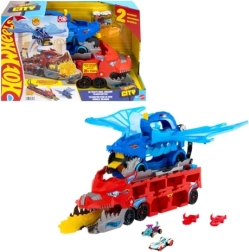 Hot Wheels City dvigubas drakonų transporteris su lenktynių trasa ir 2 automobiliais