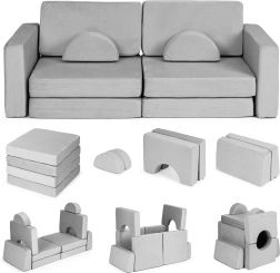 Sulankstoma modulinė vaikiška sofa 2 asmenims su 10 minkštų pagalvių ECOTOYS – Pilka