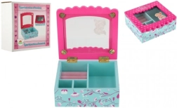 Medinė papuošalų dėžutė su gėlėmis ir veidrodėliu, turkio–rožinė