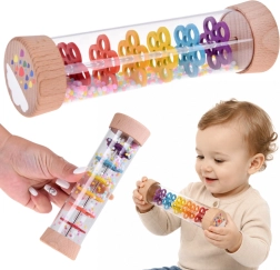 Rainbow Rain – sensory rattle (wooden tube with beads, rustling sound)