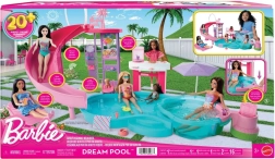 Barbie svajonių baseinas – žaidimų rinkinys su nusileidimo kalneliu, sūkurine vonia ir užkandžių baru
