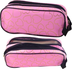 School pencil case pink with golden hearts, two-compartment