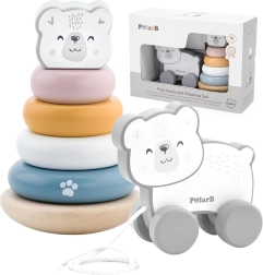 Viga PolarB medinis rinkinys su baltuoju lokiu: piramidė ir tempiamas meškiukas