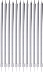 Ilgos sidabrinės torto žvakutės 14,5 cm, 12 vnt.