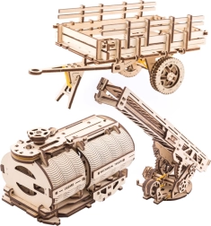 UGEARS priedai sunkvežimiui UGM-11 – gaisrinės kopėčios, priekabos kėbulas ir cisterna (3D mediniai mechaniniai moduliai)