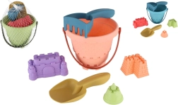 Plastikinis smėlio žaidimų rinkinys su kibirėliu, kastuvėliu, grėbliuku ir 3 formelėmis tinklelyje