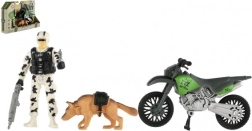Karinis veiksmo rinkinys su motociklu, kariu, šunimi