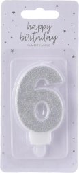 Sidabrinė torto žvakutė skaičius 6, 7 cm