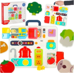 Montessori manipuliacinė lenta su virtuviniais elementais ir mokomuoju laikrodžiu