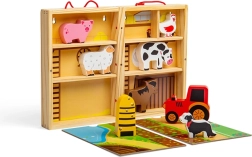 Bigjigs Toys nešiojamas medinis ūkis dėžutėje su gyvūnėliais ir traktoriumi