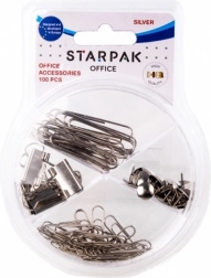 Silver office accessories in a transparent box