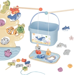 Medinė jūros tematikos 3‑in‑1 rinkinio: pusiausvyros bokštas, magnetinė žūklė ir vėrimas – 23 dalys