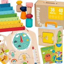 Tooky Toy Montessori edukacinė dėžutė 6 viename: užrakinama dėžutė, balansavimo akmenys, orų lentelė, skaičiavimas 1–10, spalvinimo knygelė ir knygelė