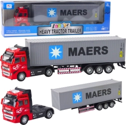 Konteinerinis sunkvežimis su atgal traukimo pavara, atidaromomis durimis, raudonai pilkas