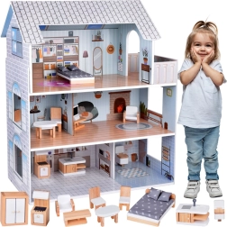 Medinis lėlių namelis su 3 aukštais ir baldais
