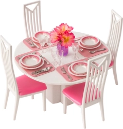 Lėlių baldų rinkinys – valgomasis su stalu, kėdėmis ir indais, 43 dalys