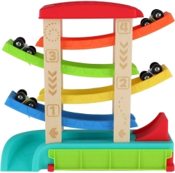 Kaskadinė lenktynių trasa žaislinėms mašinėlėms su 4 automobiliais, medis ir plastikas, 33 × 32 × 10 cm