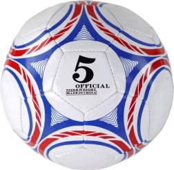 5 dydžio futbolo kamuolys, baltas su mėlynai raudonu raštu
