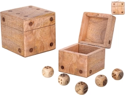 Wooden mango wood die with storage box and set of 5 dice