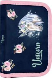 Single-compartment school pencil case with two flaps Unicorn – filled