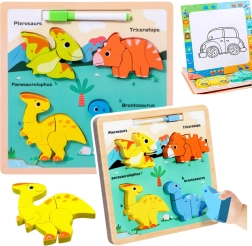 Medinė edukacinė dėlionė „Dinozaurai“ su piešimo lentele