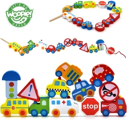 Woopie Green mediniai veriami karoliukai – transporto priemonės, 13 vnt.