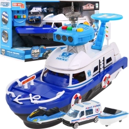 Interaktyvus 2-iš-1 policijos laivas su laikymo vieta, šviesomis ir garsais