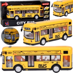 Geltonas miesto autobusas su šviesomis, garsais ir atidaromomis durimis