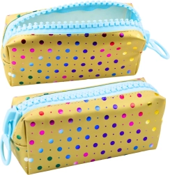 School Pencil Case with Colorful Dots and Large Golden Zipper